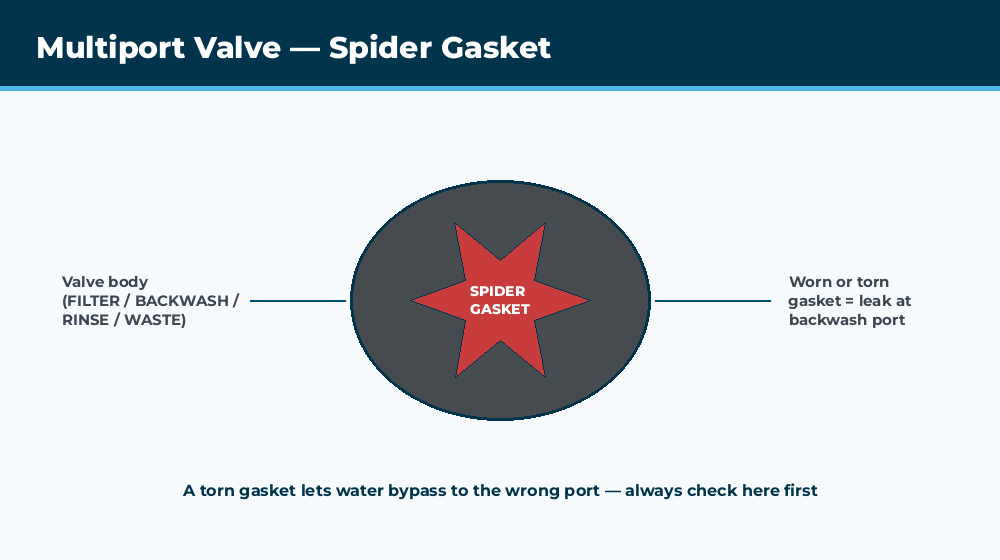 Pool multiport valve disassembled showing spider gasket and rotor key assembly
