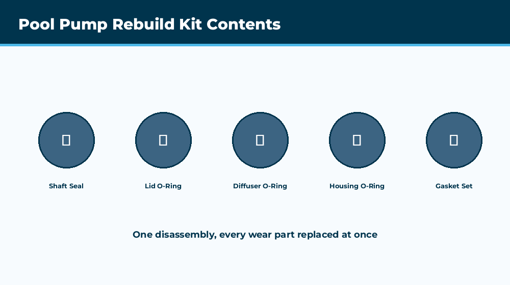 Pool pump rebuild kit contents showing shaft seal O-rings and gaskets for one complete repair session