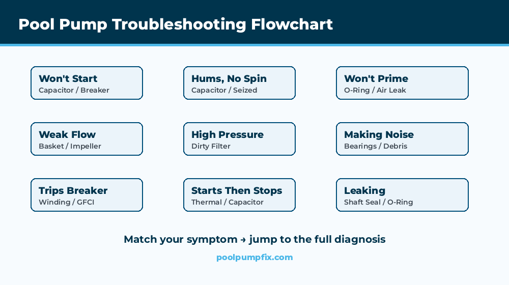 Pool pump troubleshooting flowchart diagram showing symptom branches and diagnosis paths