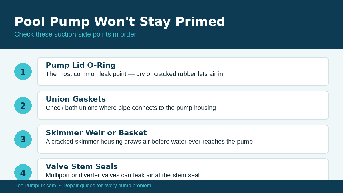 Pool pump won't stay primed suction-side air leak diagram